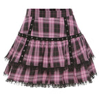 Pink Plaid Pleated Lace Mini Skirt
