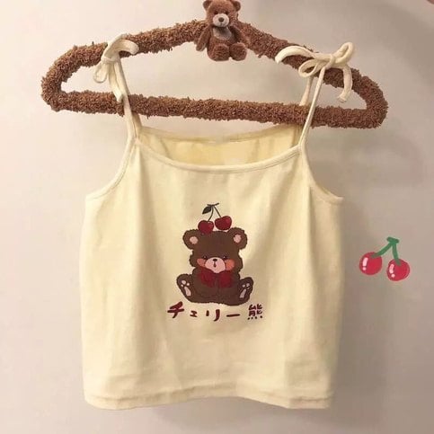 Cute Brown Bear Cherry Graphic Cartoon Print Camisole Spaghetti Strap Shirt Aesthetic Casual Summer E-Girl Kawaii Korean Japanese Harajuku