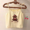 Cute Brown Bear Cherry Graphic Cartoon Print Camisole Spaghetti Strap Shirt Aesthetic Casual Summer E-Girl Kawaii Korean Japanese Harajuku