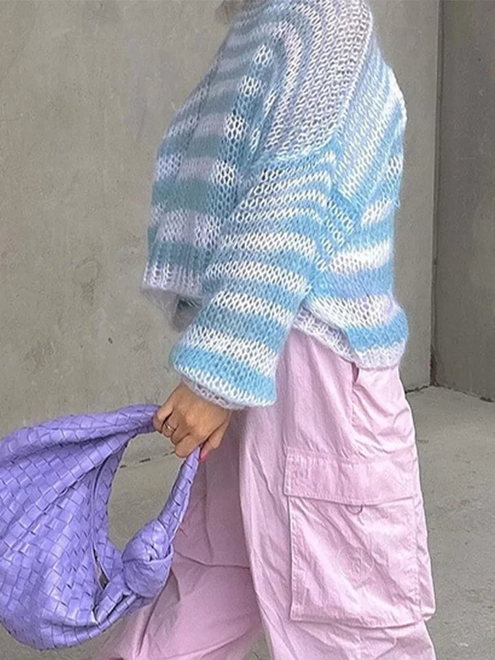 Blue & White Knit Hollow Out Sweater