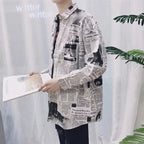 Cute Vintage Newspaper Letter Print Button Up Long Sleeve Shirt Blouse Top Aesthetic Casual E-Girl Kawaii Korean Japanese Harajuku