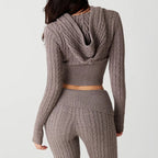 2PCS Twist Knit Hooded Zipper Sweater + Shorts