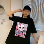 Cute Black Skull Goth Punk Print Cartoon Loose Short Sleeve Short T-shirt Tee Top Summer Casual E-Girl Kawaii Korean Japanese Harajuku Streetwear