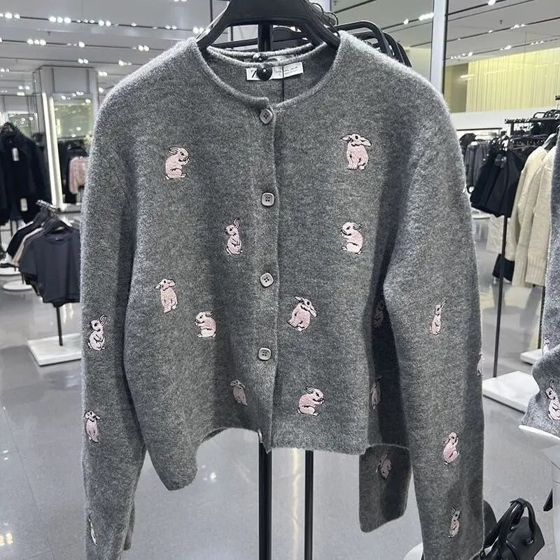 Grey Rabbit Embroidery Knit Cardigan