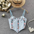 Blue Floral Embroidery Corset Top