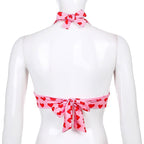 Cute Pink Heart Print Halter Bustier Crop Top Sleeveless Backless Lace Up Bralette Summer Casual E-Girl Kawaii Korean Japanese Harajuku Streetwear