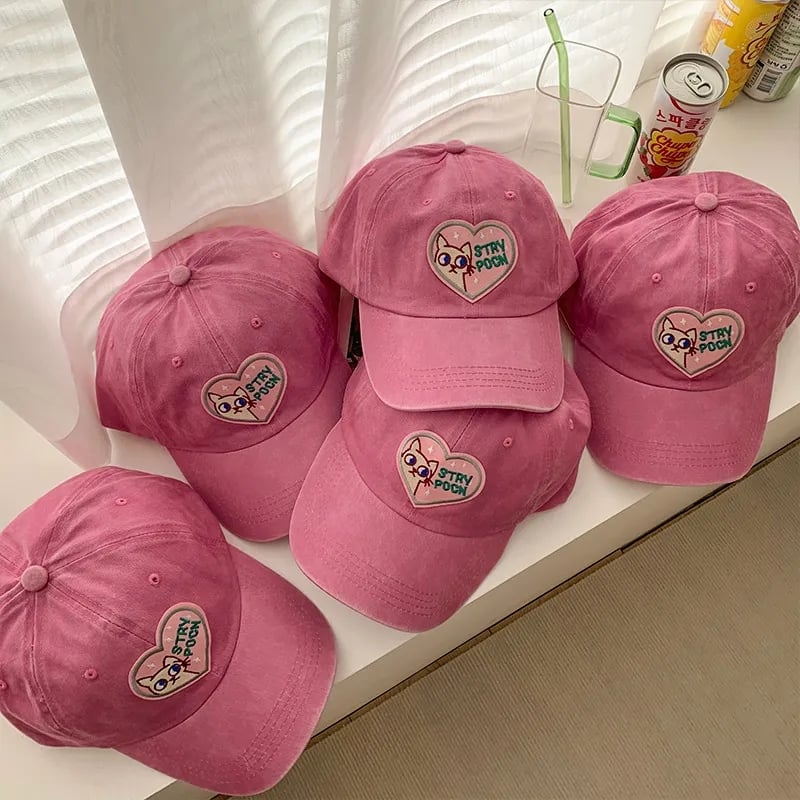 Pink Cat Heart Embroidery Baseball Hat