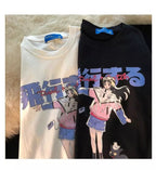 Cute White Graffiti Anime Girl Cat Cartoon Print Oversized Short Sleeve Shirt Punk Aesthetic Casual E-Girl Kawaii Korean Japanese Harajuku