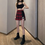 Red & Black Plaid Pleated Side Button Mini Skirt