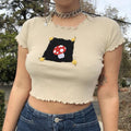 Cute Brown Mushroom Print Short Sleeve Shirt Crop Top Frill Ruffles Punk Aesthetic Casual E-Girl Kawaii Korean Japanese Harajuku