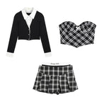 3PCS Plaid Patchwork Camisole + Pleated Skirt + Long Sleeve Shirt