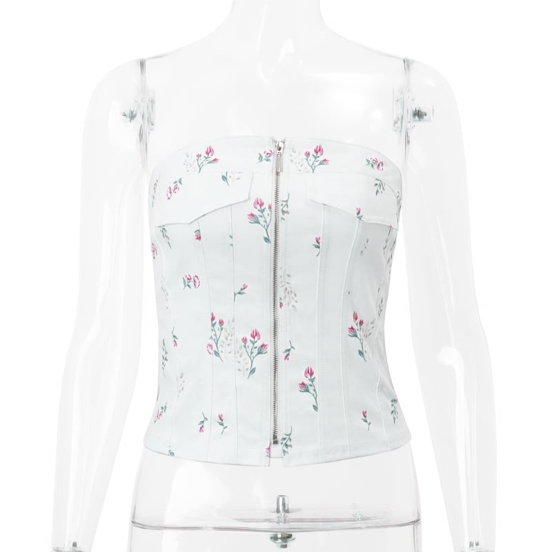White Floral Zipper Tube Top