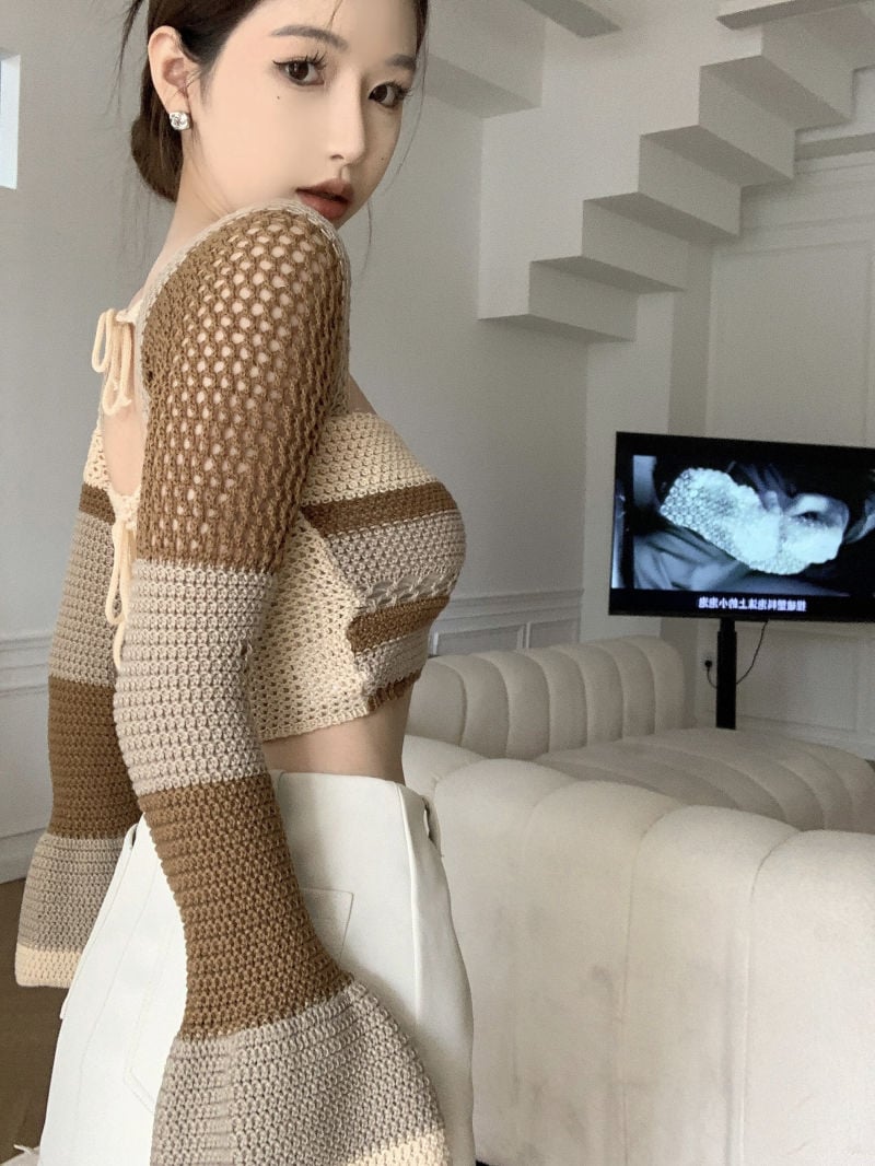 Brown Crochet Bell Sleeve Cut Out Long Sleeve Shirt
