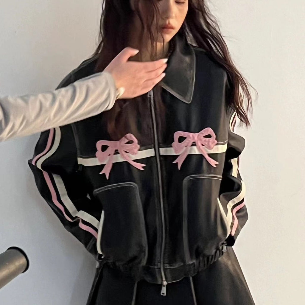 Bow Knot PU Leather Bomber Jacket