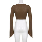 Brown Drawstring Long Sleeve Flare Crop Top
