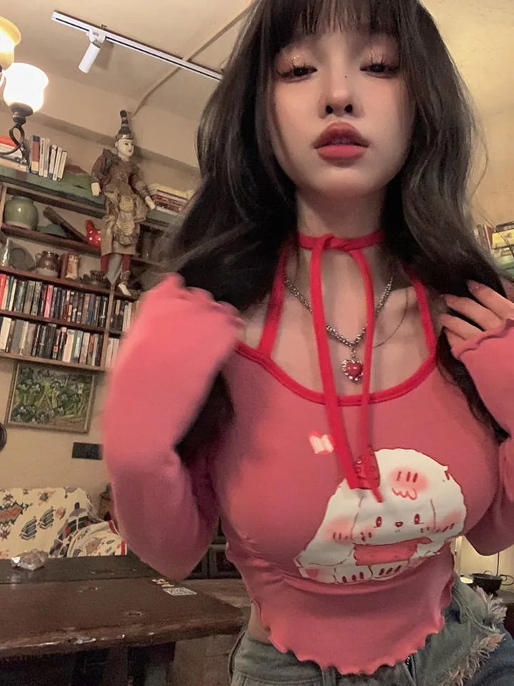 Pink Dog Graphic Print Frill Long Sleeve Shirt