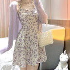2PCS Purple Floral Spaghetti Strap Mini Dress + Cardigan