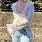 White Lace Up Long Sleeve Flare Cardigan