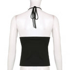 Black Belt Bandage V Neck Backless Halter Top