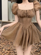 Brown Squares Neck Puff Sleeve Dress