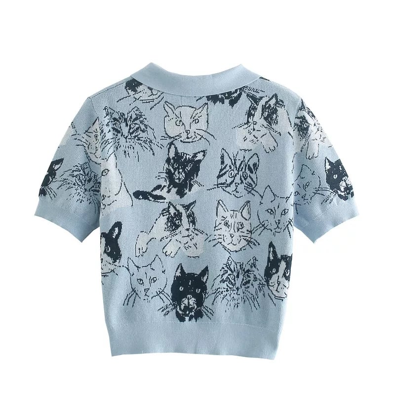 Blue Cat Knit Short Sleeve Shirt