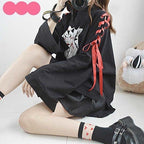 Cute Vintage Anime Fox Print Lace Up Long Sleeve Shirt Hoodie Sweatshirt Top Punk Goth E-Girl Kawaii Korean Japanese Harajuku Streetwear