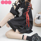 Cute Vintage Anime Fox Print Lace Up Long Sleeve Shirt Hoodie Sweatshirt Top Punk Goth E-Girl Kawaii Korean Japanese Harajuku Streetwear