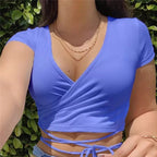 Cute Sexy Solid Color V Neck Tie Up Short Sleeve Crop Top T-shirt Summer Basics E-Girl Kawaii Korean Japanese Harajuku Streetwear