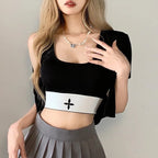 Black Punk Square Collar Short Sleeve Shirt