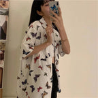 Cute Vintage White Butterfly Print Button Up Pocket Blouse Short Sleeve Shirt Top Loose Aesthetic E-Girl Kawaii Korean Japanese Harajuku Streetwear