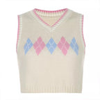 Cute Argyle Plaid Sleeveless V Neck Knit Sweater Sweatshirt Preppy Crop Top Pullover Aesthetic E-Girl Kawaii Korean Japanese Harajuku Streetwear