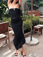2PCS Black Lace Patchwork Tube Top + Maxi Irregular Skirt