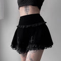 Cute Sexy Goth Black Cross Skirt Vintage Lace Trim A-Line Grunge Punk High Waist Ruffle Summer E-Girl Kawaii Korean Japanese Harajuku Streetwear