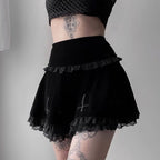 Cute Sexy Goth Black Cross Skirt Vintage Lace Trim A-Line Grunge Punk High Waist Ruffle Summer E-Girl Kawaii Korean Japanese Harajuku Streetwear