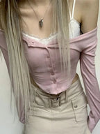 Pink Lace Patchwork Button Crop Top
