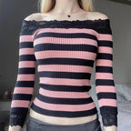 Pink & Black Stripe Off Shoulder Long Sleeve Shirt