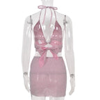 Cute Sexy Glitter Camisole + High Waist Mini Skirt Suit Backless Summer Aesthetic Casual E-Girl Kawaii Korean Japanese Harajuku