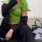 Cute Sexy Neon Green Ribbed Knit Bow Crop Top Short Sleeve Shirt Tee T-shirt E-Girl Kawaii Korean Japanese Harajuku Chinese Retro Streetwear Aesthetic