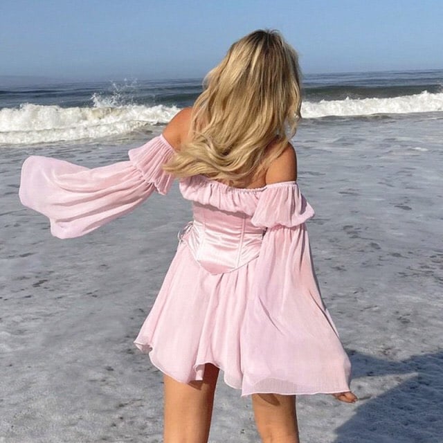 Cute Dreamy Pink White Corset Cottagecore Chiffon Slash Mini Dress Long Bell Sleeve Bandage Sundress Kawaii Korean Japanese Harajuku Streetwear