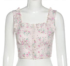 Floral Print Ruffle Button Up Bustier Crop Top