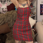Cute Sexy Red Plaid Checkered Mini Dress Party Bodycon E-Girl Kawaii Korean Japanese Harajuku Chinese Retro Streetwear Aesthetic