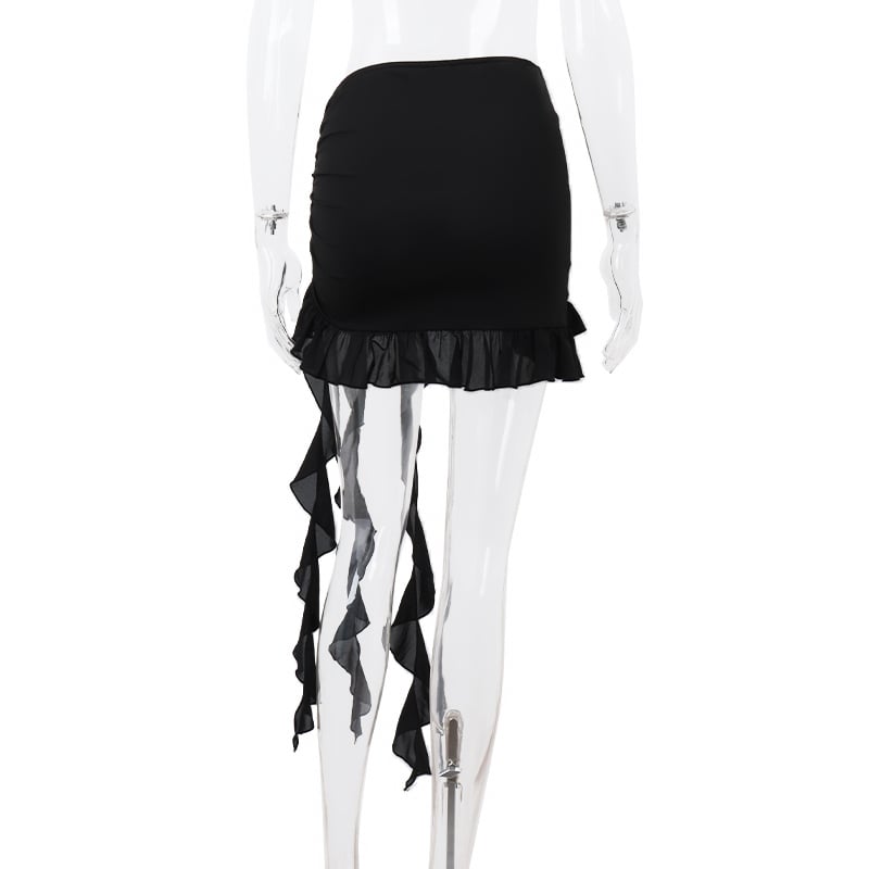 Black Butterfly Ruffle Hollow Out Split Mini Skirt