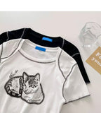 Cat Cartoon Graphic Print Short Sleeve Shirt Crop Top Summer Aesthetic Casual E-Girl Kawaii Korean Japanese Harajuku