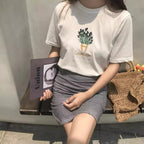 Cute Summer Lavender Plant Flower Embroidery White Loose Casual Short Sleeve Tee Shirt T-shirt Top E-Girl Kawaii Korean Japanese Harajuku Streetwear