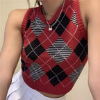 Vintage Plaid V Neck Sleeveless Sweater Vest Knit Crop Top Preppy Causal Pullover E-Girl Kawaii Korean Japanese Harajuku Streetwear