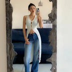 White Hollow Out V Neck Long Tank Top