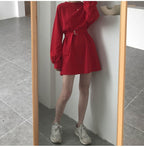 Cute Solid Color Long Sleeve T-shirt Shirt Dress With Belt Loose Oversized Woman Spring Autumn E-Girl Kawaii Korean Japanese Harajuku Retro Streetwear