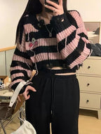 Black & Pink Striped Knit Cropped Pullover