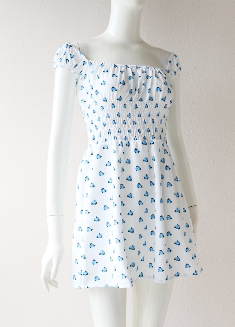Blue Floral Puff Sleeve Mini Dress