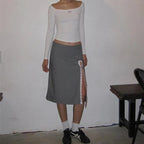 Grey Lace Bow Side Split Midi Skirt